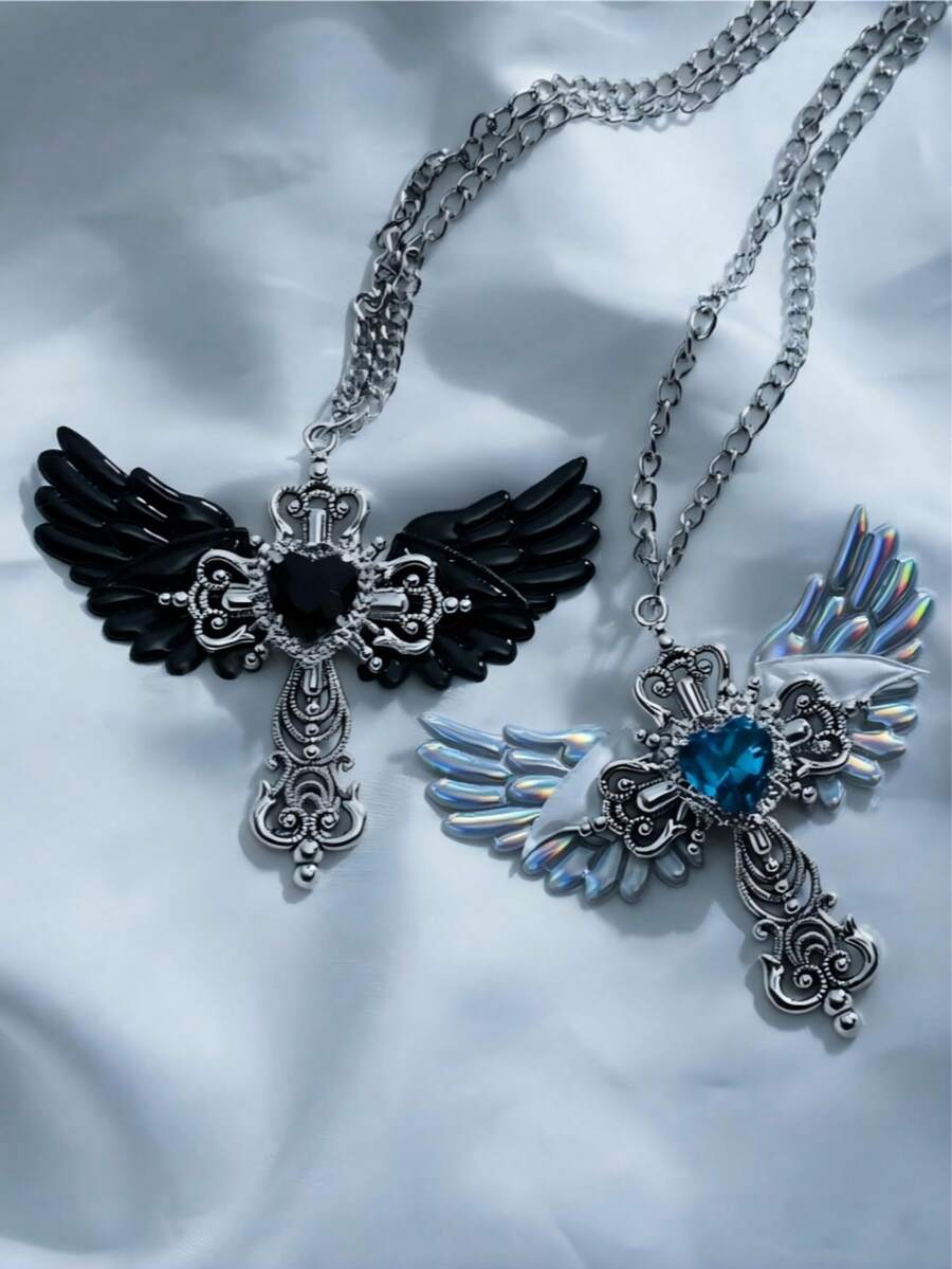 Gothic Edgy Unique Women's Y2K Original Design Choker - Angel Cross Statement Necklace, Subculture Metallic Layered Adjustable Sweater Chain For Gift Giving, Halloween, Music Festival, Party, Date, Gathering, Daily Wear, Cosplay, Theme Party & Club - Y2K Necklace - View 1