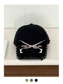 Mũ lưỡi trai kiểu Mỹ cổ điển thêu chữ, họa tiết rằn ri, vành mũ rách, mũ lưỡi trai phong cách punk đường phố unisex với dây xích thêu hình súng và xương, đinh tán, chất liệu denim đen bạc màu, vành cong. - Nhiều màu - Xem 11