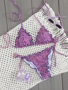 Onefish Women's Pink & Purple Leopard Print Bikini Set, Triangle Strap Sliding Cup Top, Adjustable Tie, Low Waist High Cut Ruffle Bottom, Summer Beach Swimwear - Purple - View 4