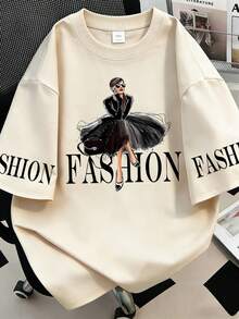 女士时尚休闲宽松圆领短袖T恤，印有女性身材图案，白色 - 杏色 - 查看 1