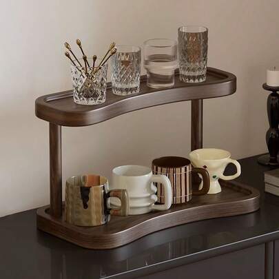 Vintage Walnut Wood 2-Tier Display Rack, Solid Wood Material, Japanese-Style Desktop Storage Shelf, Coffee Cup & Water Glass Holder, Cosmetic Organizer, Curved Design, Practical & Decorative, Suitable For Tea Table Area, Kitchen Counter, Dining Room, Office, And Bathroom Entryway