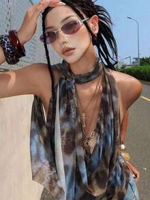 Y2K 动物纹网纱扭结金属环露背短款上衣，适合度假和日常穿着，春夏款 - 摩卡棕 - 查看 5