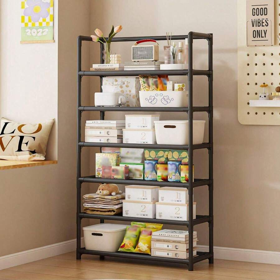 1 pieza/Estantería de almacenamiento de varios niveles, estantes ajustables, a prueba de humedad, fácil instalación, gran espacio de almacenamiento, móvil, fácil de limpiar, estantería de almacenamiento para el hogar, estantería de exhibición en el piso del dormitorio, estantería de aperitivos y comestibles minimalista y duradera, estantería para zapatos, hecha de piezas de plástico + tuberías pintadas + tela no tejida, ensamblaje sencillo, adecuada para diversos escenarios - Multicolor - Ver 1