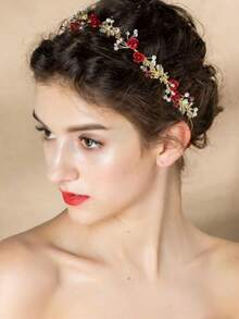1pc Alloy Pearl & 1pc Handmade Alloy Pearl Flower Soft Chain Headband, Suitable For Wedding, Party, Gathering - Red - View 3
