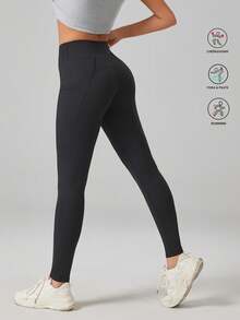 高腰收腹口袋瑜伽裤紧身打底裤运动服 - 黑色 - 查看 5