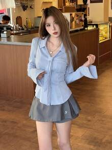 缎面领条纹修身长袖女式衬衫，甜美性感风，春季款 - 藍色 - 查看 4
