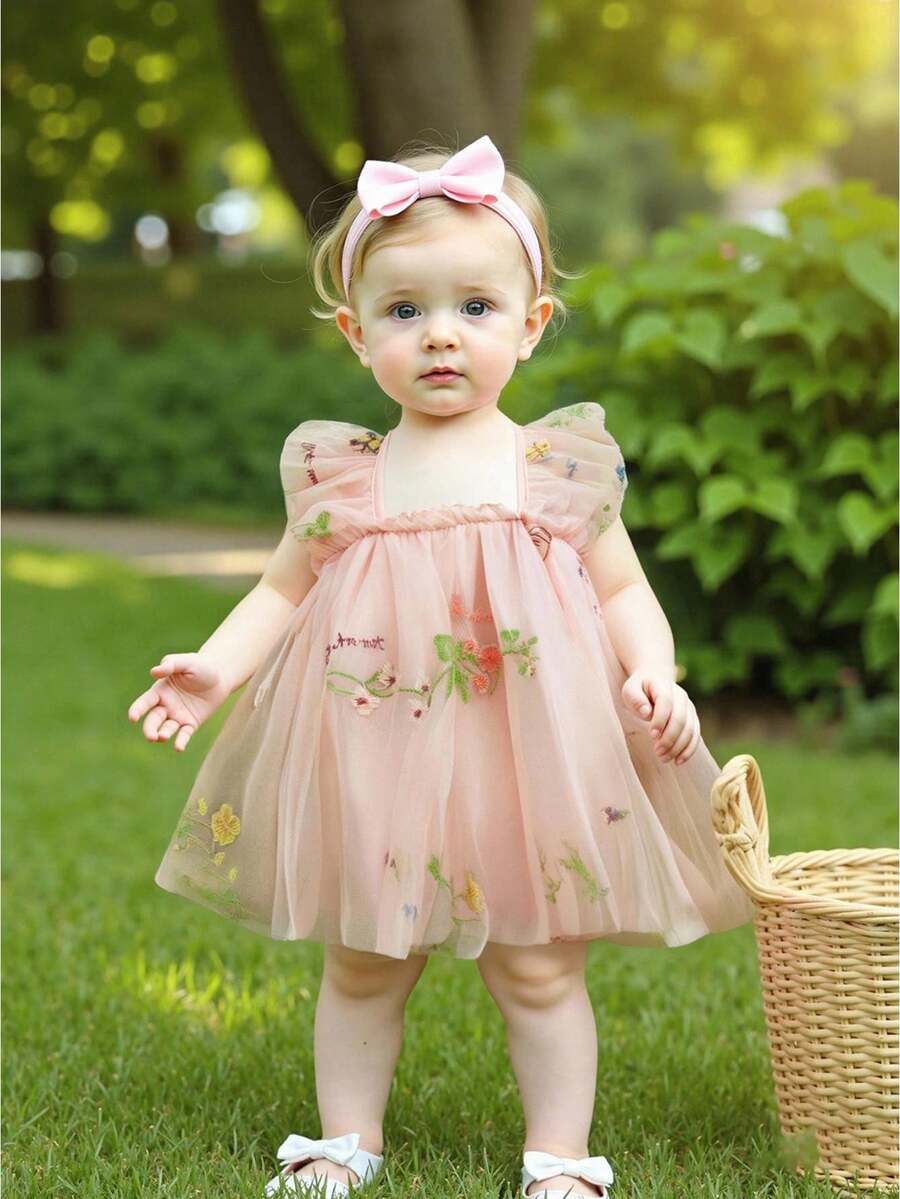 Vestido de bebé niña con malla y bordado de flores y mariposas, sin mangas, cuello cuadrado, adorable mono - Rosa - Ver 1