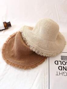 1 chiếc mũ rơm rộng vành kiểu Hàn Quốc dành cho nữ, có tua rua, thoáng khí, thích hợp làm mũ che nắng mùa hè đi biển. - Rơm rạ - Xem 1