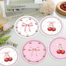 12/24/32 Peças Pratos de Papel Descartáveis com Laço Rosa Cereja Fofos e Estéticos para Festa de Aniversário de Menina, Despedida de Solteira, Chá de Panela, Chá de Bebê, Festa de Noivado, Festa de Casamento, Tema Fofo, Festa com Laço Rosa, Festa de Cereja, Festa de Menina, Essenciais para Feriados, Formatura de Jardim de Infância - Rosa chiclete - Visão 2
