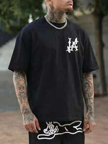 FRACTYR Men's Casual Street Fashion Loose Fit Round Neck Graphic T-Shirt, Summer - Black - View 3