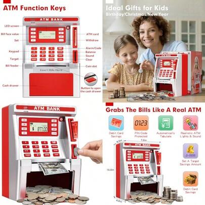 JgyuguBAODLON Red Piggy Bank For ATM Machine Bank For Real Money With Debit Card Bill Feeder Coin Recognition Balance Calculator Electronic Savings  Box Cool Stuff Toys Gifts For Teen Girlh8ygu