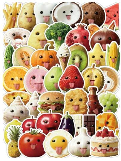 50 piezas Conjunto de pegatinas de garabatos de frutas y verduras de dibujos animados, pegatinas lindas con hambre, adecuadas para decorar teléfonos, computadoras, patinetas, guitarras, botellas de agua, equipaje, cuadernos, arte de pegatinas resistente al agua, excelente para decoración diaria DIY y regalos creativos para niños y estudiantes, suministros de scrapbooking, papelería, pegatinas divertidas