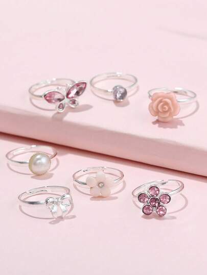 7 قطع مجموعة خواتم من سبيكة البلاستيك المرصعة بالراين بتصميم الفراشة والزهور ثلاثية الأبعاد، جميلة وعملية للارتداء اليومي، هدية مثالية للأصدقاء