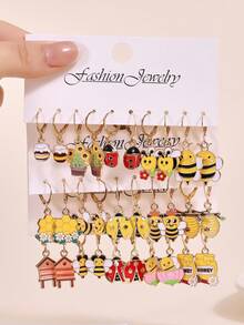 10pcs/30pcs Spring/Summer New Metal Drip Oil Cute Bee, Flower, Ladybug, Honeycomb Earring Set - Multicolor - View 9
