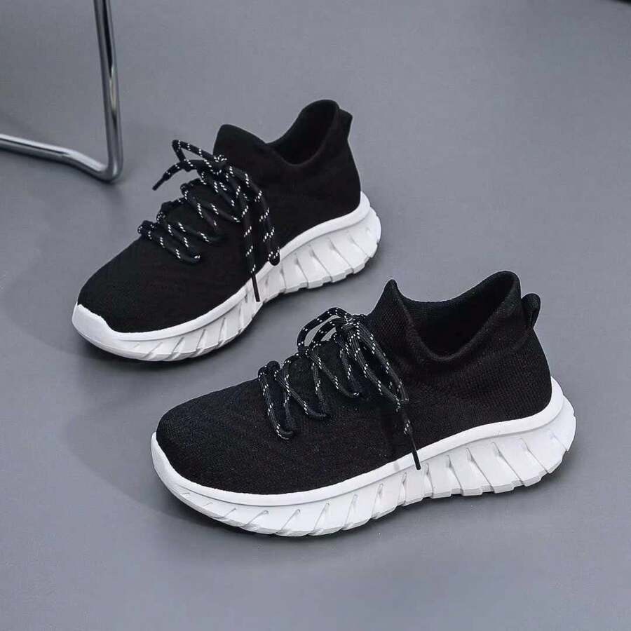 女士轻便针织运动鞋 – 透气舒适，鞋底缓震，适合休闲、运动、日常穿着。 - 黑與白 - 查看 1