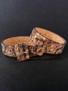 1pc Women's Faux Wood Grain Western Buckle Floral Print Belt, Suitable For Dresses, Skirts And Other Outfits, Bohemian PU Leather Belt, Spring/Summer - Multicolor - View 6