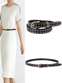 1 pieza Cinturón delgado y elegante para mujer con remaches dorados pequeños y hebilla de aleación, cinturón de piel de poliuretano sólido, de color lindo y elegante, adecuado para primavera, verano y escuela - Negro - Ver 8
