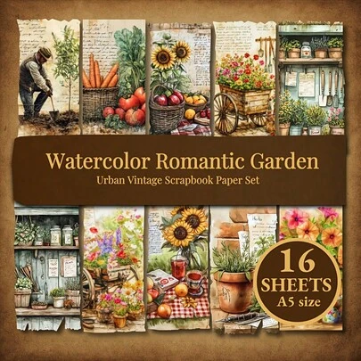 16 Retro Gardening Material Hand Account Collage, Watercolor Hand-Painted Style, A5 Size Craft Paper Is Perfect For Clipping Production/Theme Page Backing/Pain Bag Backing/Tape Matching/Handmade Bookmark Backing/All Kinds Of DIY Handmade Creation Needs/Packaging Filling, Etc., With Its Own European Pastoral Retro Texture, Retro Hand Account Er/Gardening Enthusiasts/A Must For Life Lovers