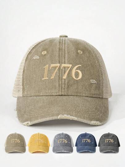 1pc 1776 Embroidered Distressed Mesh Baseball Cap, Adjustable Outdoor Sun Protection Casual Hat, Personality Embroidery, Street Fashion, Outdoor Travel, Spring/Autumn