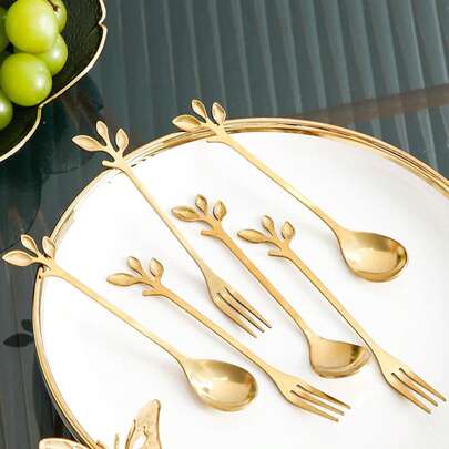 Bộ thìa và dĩa mini bằng thép không gỉ mạ vàng, dài 4,7 inch - Chất liệu thép không gỉ, cán hình lá, thích hợp dùng cho cà phê, trà, món khai vị, nếm thử, tiệc tùng, các món ăn chín, v.v.