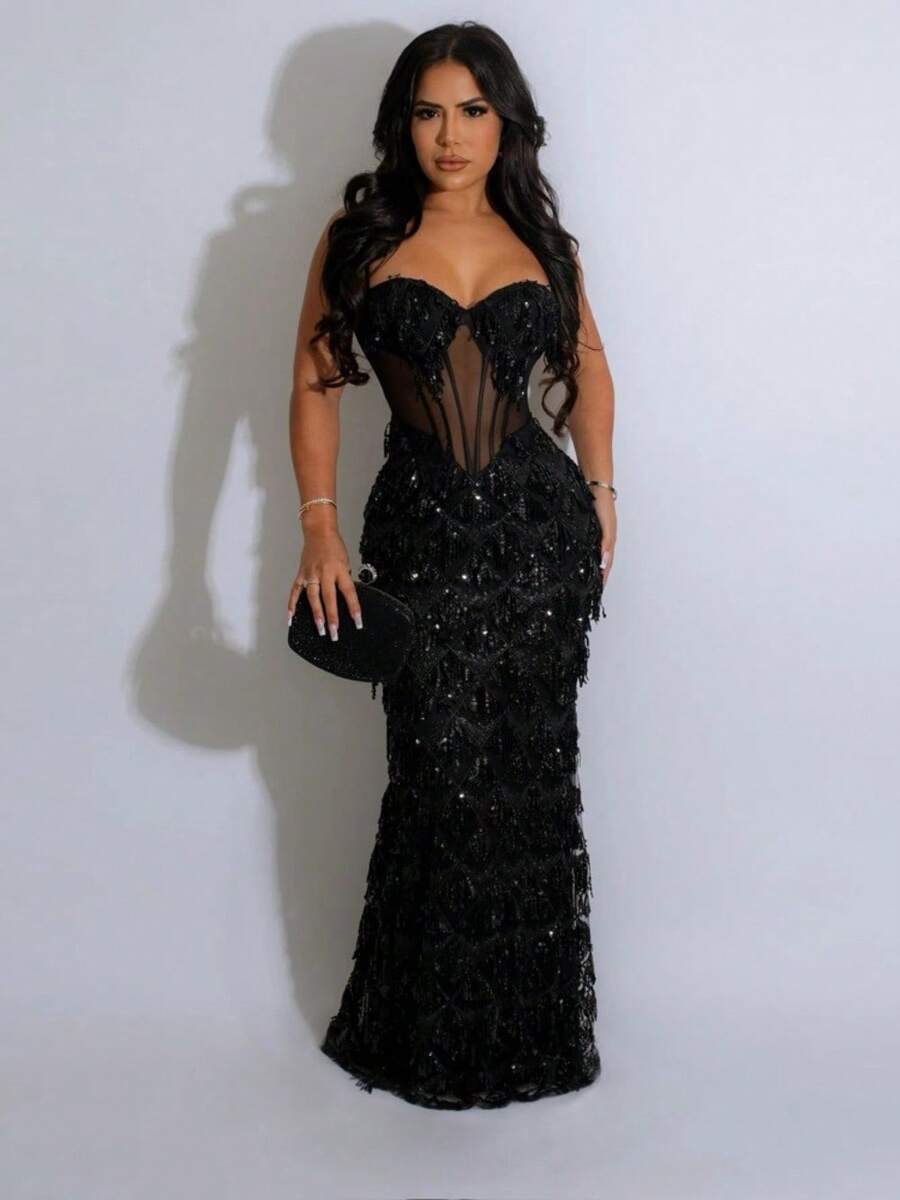 Temperament Fashion Sequined Party Dress, Fashion Suspender Hip A-Word Dress Dress - màu đen - Xem 1