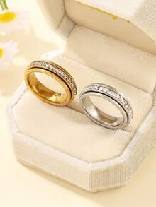 2pcs Stainless Steel Minimalist Gold & Silver Rotatable Ring Set, Inlaid With White Diamonds, Suitable For Women's Daily Wear Or Gift - Multicolor - View 7