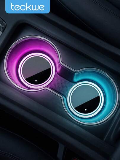 Teckwe 2pcs LED Car Cup Holder Lights, Light Up Car Coasters For Cup Holders 7 Color-Changing Light Up Cup Holder Insert Coasters, Waterproof Car Accessories, Car Gifts For Men & Women