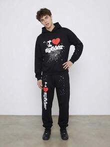 Men's Gothic Spider Print Tracksuit, "I Love Spider" Hoodie & Joggers Set For 18-38 - 黑色 - 查看 5
