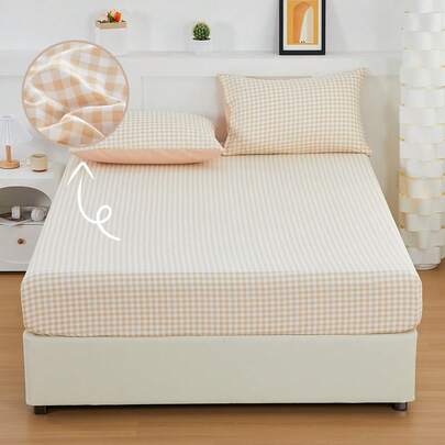 2/3pcs Khaki Plaid Bedding Set, Soft & Skin-Friendly Fitted Sheet & Pillowcase Set, Suitable For Bedroom/Dorm (Boys/Girls), Travel, 2/3 Pieces (1 Fitted Sheet + 1/2 Pillowcase With Pocket, No Comforter)