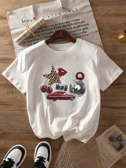 女士复古汽车主题圆领短袖T恤，饰有水钻和樱桃图案，休闲风格，适合日常穿着，大码女式T恤，宽松舒适，春季服装，白色上衣，女装，适合日常穿着和夏季旅行