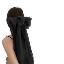 Princess On The Run ~ Fairy Temperamental Big Bow Headwear Back Spring Clip Long Ribbon Hairpin Hair Accessories - 5957仲夏夜飄帶彈簧夾-黑色 - 查看 5