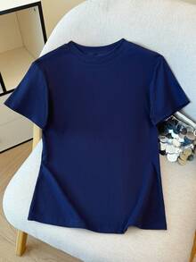 Solid Color Short Sleeve T-Shirt, Versatile Casual Slim Fit Undershirt For Women Summer - Navy - View 3