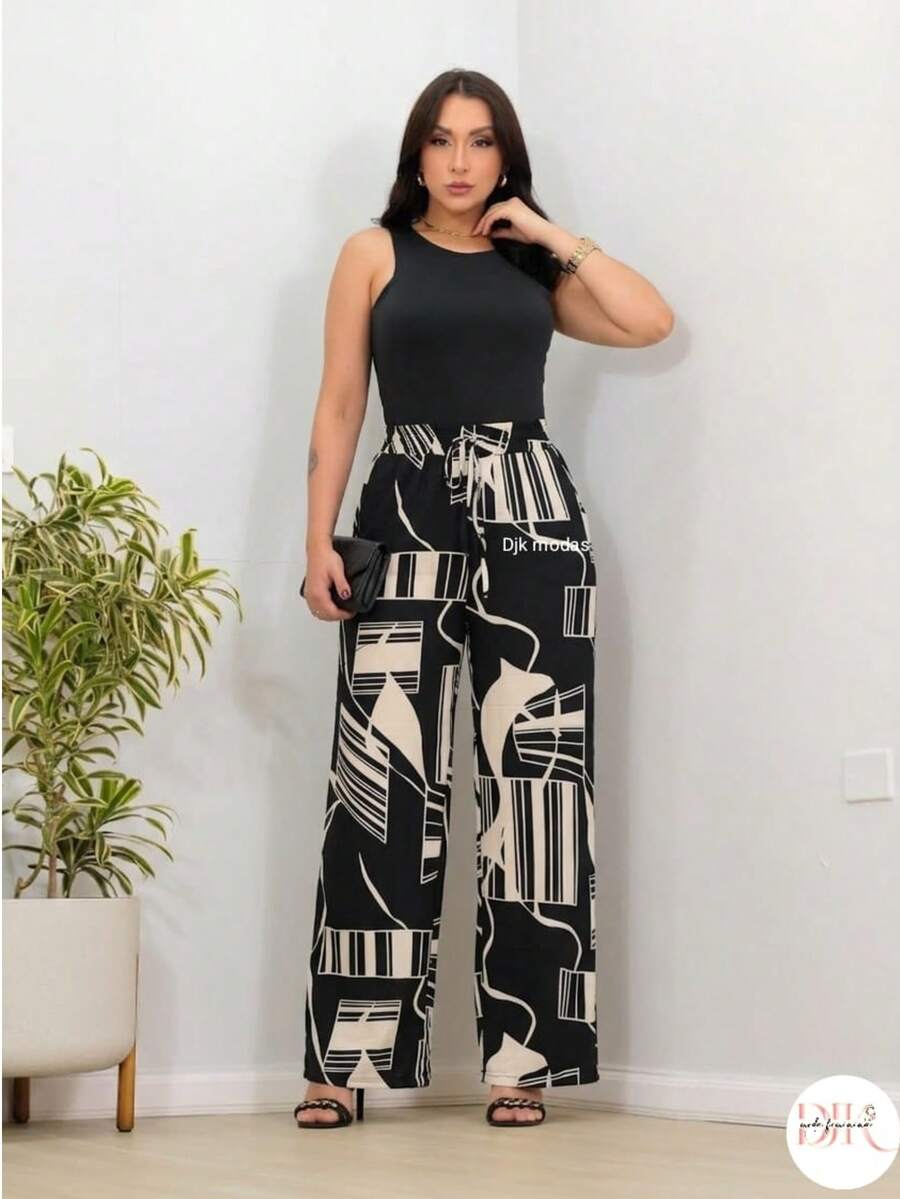Wide-Leg Pants In DUNA Fabric, Unlined, Woven Fabric WITHOUT Elastane, With Pockets (Size Chart Available) - 幾何黑色 - 查看 1