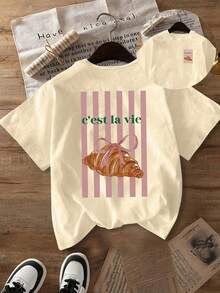 女士休闲短袖T恤，亮丽的羊角面包和条纹图案，圆领，春夏上衣，女士T恤，夏秋女装，女士外套，情人节女装，女士服装，节日服装 - 杏色 - 查看 4