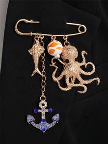 1pc Creative Blue Rhinestone Anchor & Octopus Brooch, Cute Ocean Element Waist Clip, Suitable For Daily Wear And Beach Vacation - Multicolor - View 6