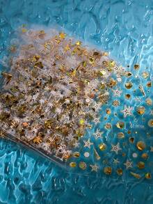 12片装烫金激光金色海洋系列美甲贴纸 3D夏季海星贝壳海螺美甲贴花 Y2K美人鱼美甲用品美甲滑块 - 彩色 - 查看 7