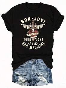 BON JOVI Band Printed Spring/Summer Casual Short-Sleeved Crew Neck T-Shirt, Relaxed Fit True To Color Casual Women's Wear Fashion Simple Oversized Friendly T-Shirt For Women - màu đen - Xem 13
