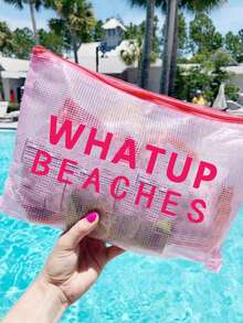 多色時尚網格海灘包，印有「WHATUP BEACHES」字樣的化妝包，海灘主題，大容量透明化妝包 - 彩色 - 查看 6