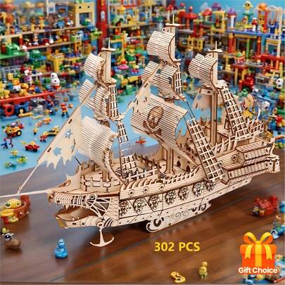 3D Wooden Building Blocks, 3D Flying Dutchman Model, Wooden Toy Puzzle, DIY Creative Decor, DIY Handmade Building Blocks, Woodcraft Kit, Creative Gift For Adults On Christmas/Birthday, 3D Puzzle Model, Flying Dutchman Pirate Ship Model Set, 3D Ship Model Building Kit, DIY Handcraft Set, Interesting 3D Puzzle For Family Time, Exquisite Birthday Gift (302PCS)