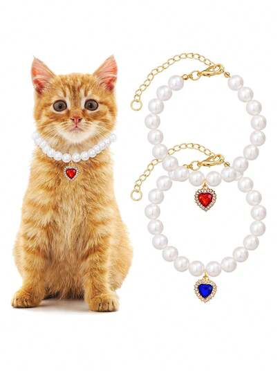 可爱心形水晶珍珠宠物项圈，闪亮公主风狗狗项链，时尚猫咪生日派对饰品，可调节链条宠物婚礼配饰，宠物爱好者礼物