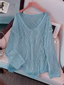Women's V-Neck Hollow Rhombus Design Loose Knit Cover Up, Airy And Breathable For Beach/Resort Wear, Spring/Summer Vacation White - Light Blue - 查看 12