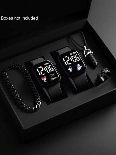 4 en 1 Reloj de hombre de moda deportiva con pantalla LED digital electrónica, emparejado con collar colgante, pulsera, anillo, adecuado para uso diario de amigos/familia, regalo de cumpleaños/festival de hombres, regreso a casa, vacaciones, fiesta, decoración de viaje, regalo perfecto para hombres en el Día del Padre