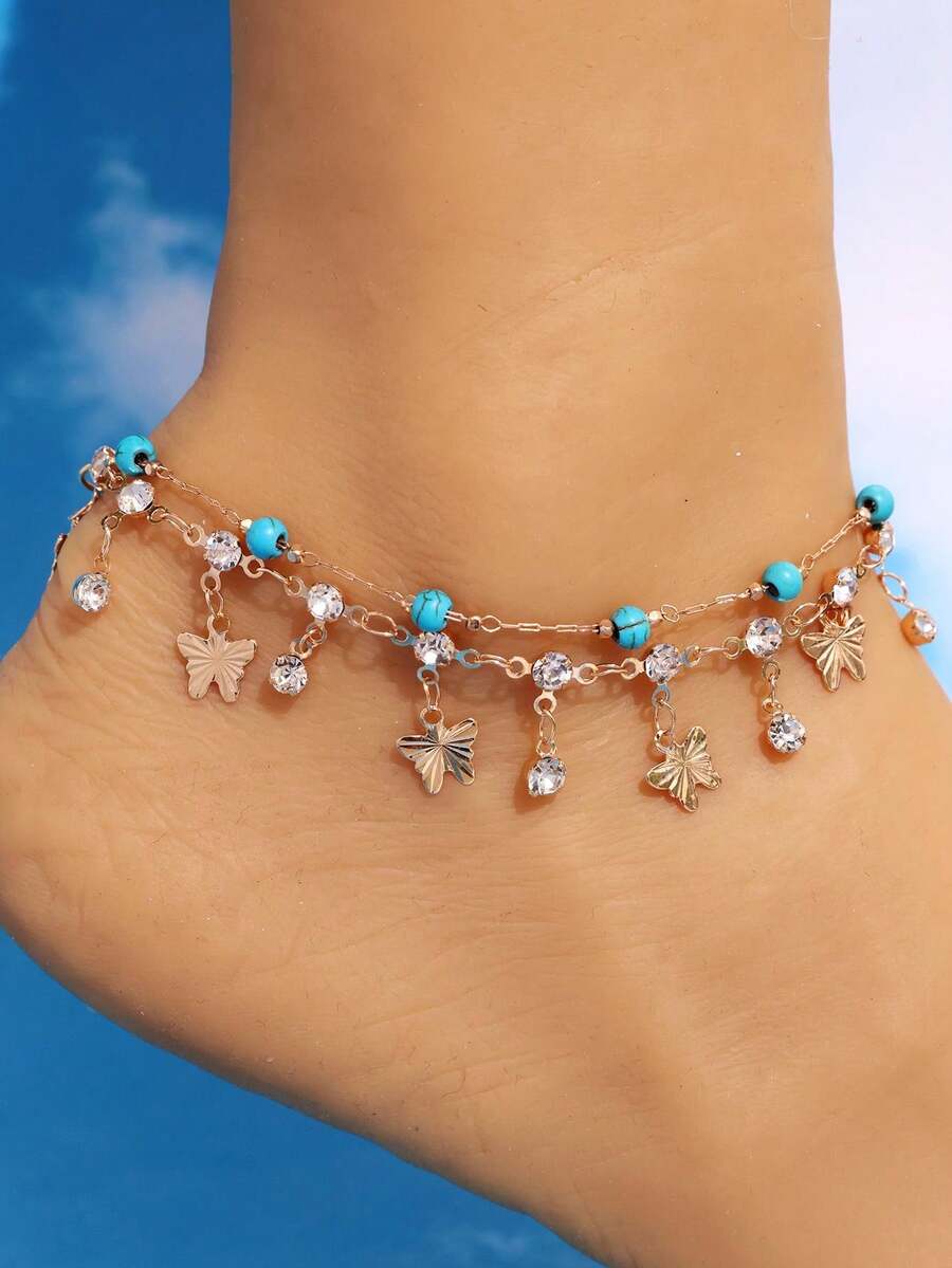 2件套时尚潮流闪亮百搭仿水晶蝴蝶串珠脚链套装，适合度假、派对、日常佩戴（宝石数量随机） - 彩色 - 查看 1