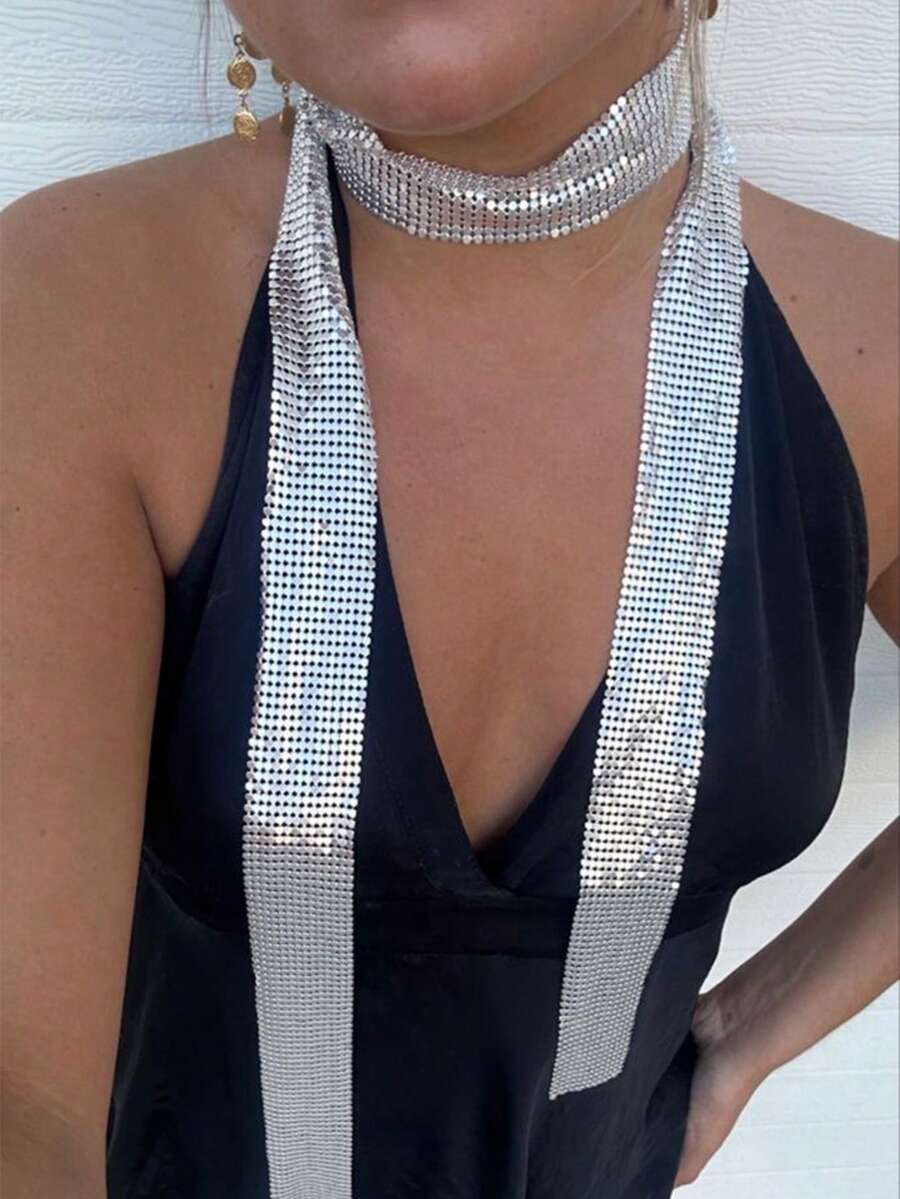 1pc Silver Fashionable Fitted Scarf, Vintage Versatile Hip-Hop Style Nightclub Accessory For Women
