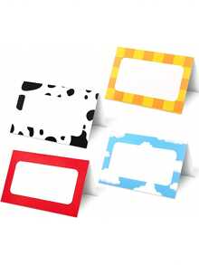 20/4pcs Cartoon Theme Folding Table Cards, Blank Tent Style Table Cards, Birthday Party/Baby Shower Decorations Folding Table Cards, 4 Style Theme Name Setting Cards Folding Table Place Cards, Suitable For Birthday Decorations Party Supplies, Cow, Cowboy, Blue Sky, Racing Pattern Cards - A - View 2