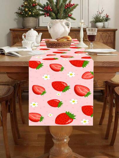 1Pc 35*180cm Pink Strawberry Pattern Long Table Runner Suitable For Birthday Wedding Receptions Wedding Decorations Birthday Party Table Runners Home Decor And Holiday Party Table Runners