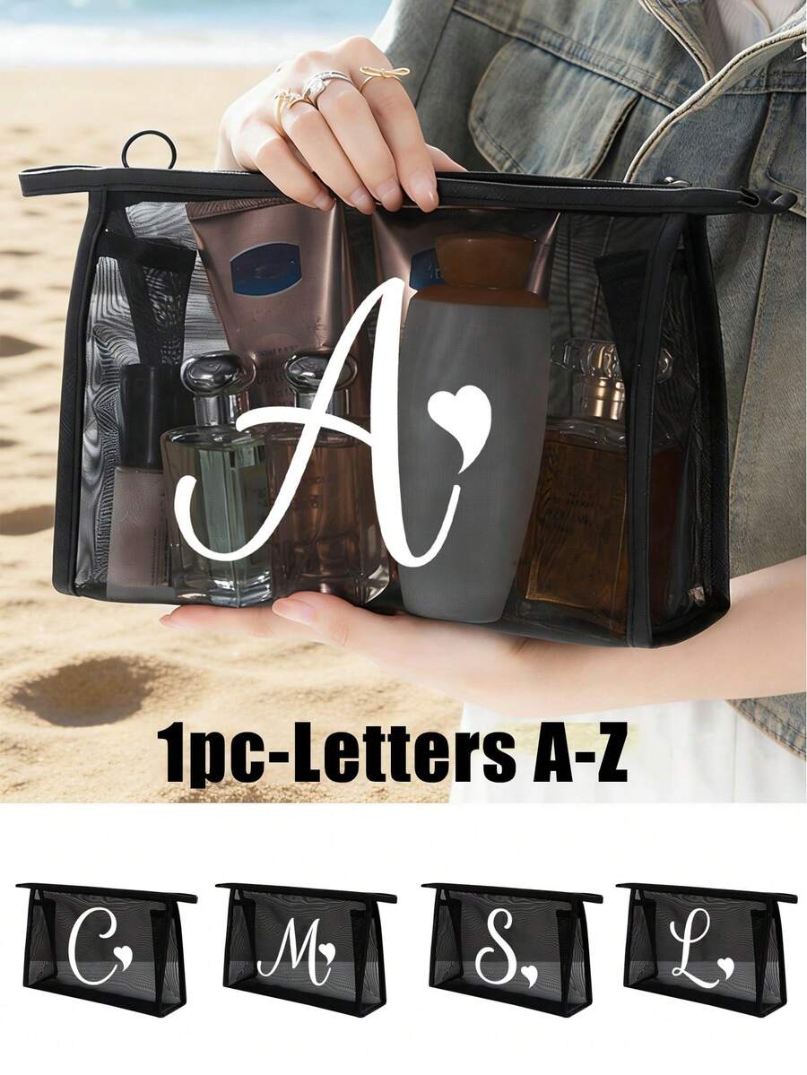 Bolsa de malha preta com estampa de letras brancas de A a Z, transparente, para guardar cosméticos. Grande capacidade e multifuncional, ideal para viagens, guardar batons, produtos de cuidados com a pele, maquiagem e outros itens essenciais. Perfeita para estudantes, com zíper e design minimalista. Ideal para guardar joias, joias, viagens, negócios, natação e para guardar em casa. Perfeita para as férias de verão. - Preto - Ver 1