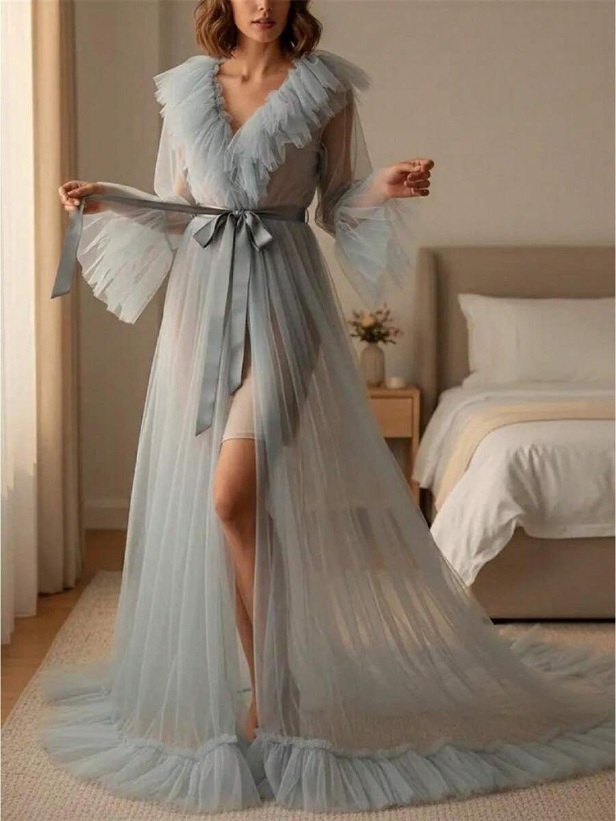 Women Summer Kimono Dress, Sheer Tulle V-Neck Long Flare Sleeves Floor-Length Night-Robe Lingerie - 灰色 - 查看 1