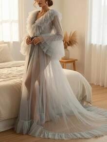 Women Summer Kimono Dress, Sheer Tulle V-Neck Long Flare Sleeves Floor-Length Night-Robe Lingerie - 灰色 - 查看 2