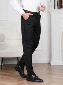 Men's Solid Color Waist Belt Pockets Straight Leg Suit Pants (Irregularities) - 黑色 - 查看 2